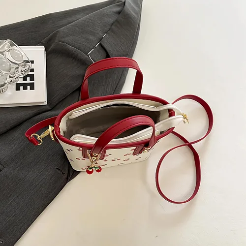 Vista 3 de Bolso tote de piel de cerezo Lindo bolso de hombro Y2K para mujer, bolso de diseñador rojo con asa superior, bolso de mano con estampado de frutas