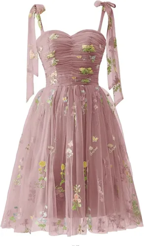 Vista 16 de Fivsole Vestido corto con bordado de flores para adolescentes, vestido de tul con tirantes delgados, mini formal, cóctel, fiesta de noche, vestidos