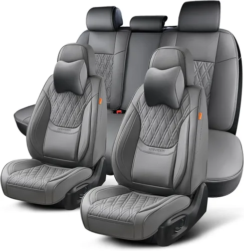 Vista 14 de Fundas de asiento delantero de automóvil, par de fundas de asiento delantero de cuero transpirable con reposacabezas, funda universal de asiento