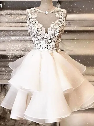 Vista 3 de Vestido corto de tul con apliques de encaje para adolescentes, cuello en V, vestido de cóctel acampanado