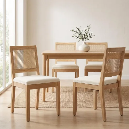 Vista 11 de French Country Dining Chairs Set of 2, Linen Upholstered Cane Back, Amber Soft linen upholstered seat with thick foam padding provides comfortable