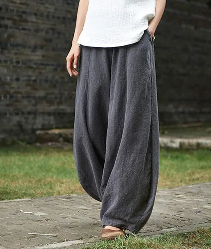 Vista 2 de IXIMO - Pantalones de lino y algodón holgados para mujer con cintura elástica y ajuste relajado estilo harén