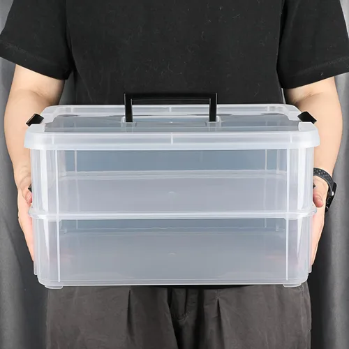 Vista 4 de BTSKY Caja de almacenamiento portátil multiusos de 2 capas, organizador de almacenamiento portátil multiusos para organizar papelería, costura, Negro
