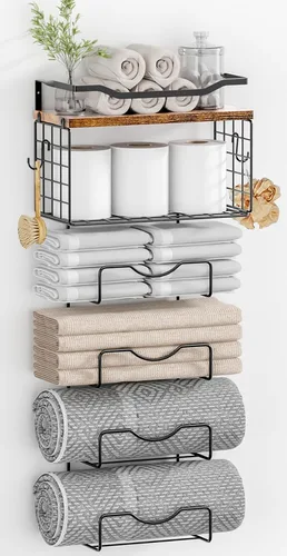 Vista 12 de Toalleros para baño, toallero montado en la pared, soporte para toallas de 6 niveles enrolladas o dobladas con estantes flotantes, portotoallas