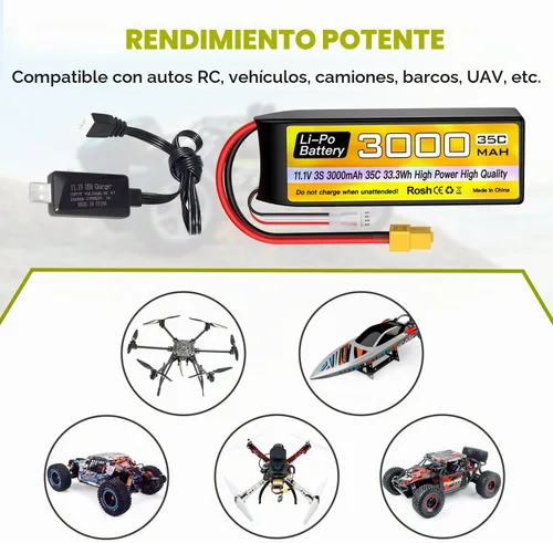 Vista 2 de sea jump 3S Lipo Batería 11.1V 3000mAh 35C con enchufe XT60 y cable de carga USB adecuado para coche RC, camión, barco de control remoto