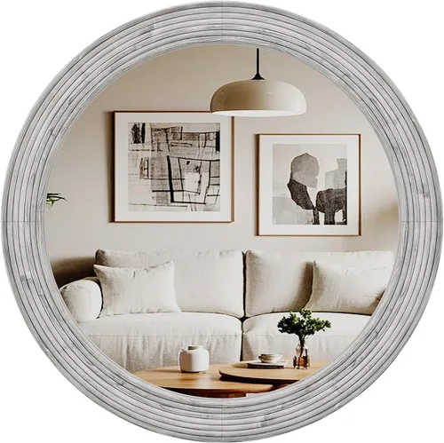 Vista 11 de ULIKE Espejo redondo de madera, espejo de pared circular irregular de 24 pulgadas con marco de madera, soporte de pared decorativo rústico