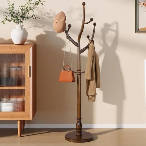 Vista 13 de Perchero de Madera Independiente con 8 Ganchos, Soporte para Abrigos de Servicio Pesado con Base Estable, Perchero Vintage de Pie para Entrada