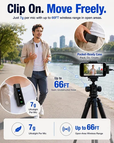 Vista 7 de Micrófono inalámbrico para iPhone/Android tipo C J68YL0813J 2 Clip-On Mics with Noise Reduction, 34h Using Time with Charging Case, 48kHz Audio