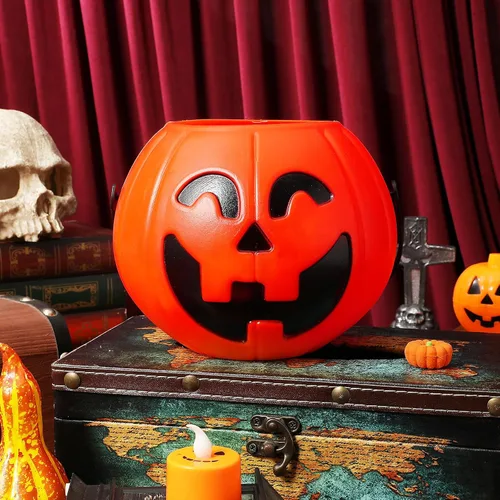 Vista 4 de Cubo de calabaza de Halloween portátil para dulces con asa, decoración creativa de calabaza para el hogar y fiesta, 6.3 pulgadas
