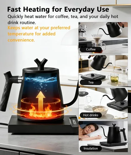 Vista 4 de Hervidor eléctrico de cuello de cisne, hervidor de café con control de temperatura variable, calentamiento rápido de 1200 W, mantiene el calor