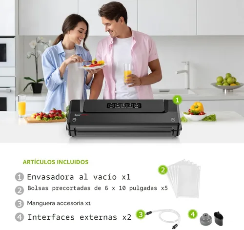 Vista 3 de Bonsenkitchen Máquina selladora al vacío con 5 bolsas de vacío, negro plateado
