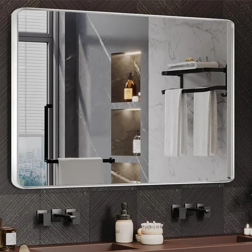 Vista 8 de Espejos con marco negro para baño, espejo rectangular de 55 x 30 pulgadas con esquinas redondeadas para pared, espejo de tocador negro mate