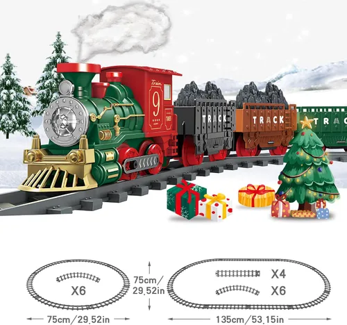 Vista 3 de Juego de Tren Eléctrico de Juguete para Niños, Juego de Tren de Navidad con Humo y Sonido para Debajo del Árbol Navideño, Modelos de Trenes