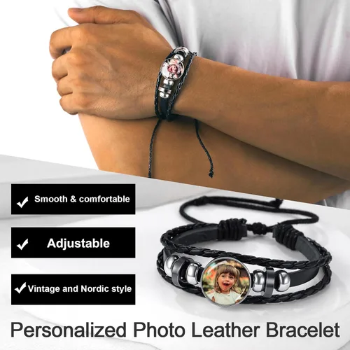 Vista 2 de U7 Pulsera para hombre con cierre de acero inoxidable, brazalete de cuero en estilo calavera o envoltura
