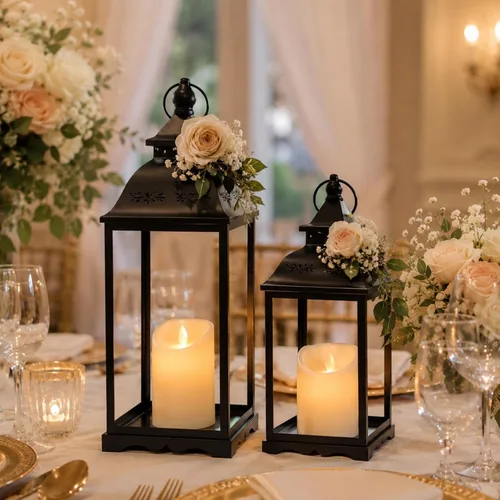 Vista 6 de Decorative Candle Lanterns Set of 2, Black Metal for Indoor & Outdoor Negro