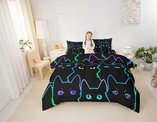 Vista 3 de Erosebridal Edredón de Gatos Lindos para Niños con Líneas de Arcoíris Neón, Juego de Ropa de Cama Individual para Niñas, Niños y Adolescentes, Gatos