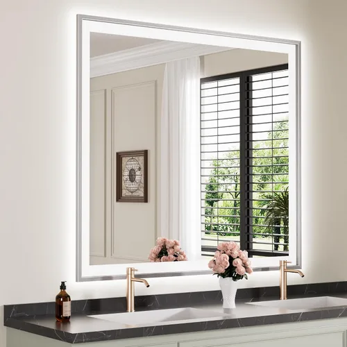 Vista 57 de Espejo de baño LED de 24x28 pulgadas con marco negro, espejos de baño retroiluminados y con luz frontal para pared, antiempañamiento, regulable