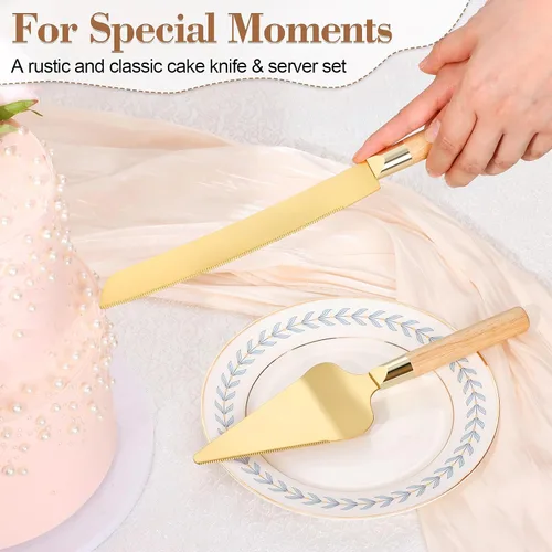 Vista 2 de Juego de corte de pastel dorado para boda, juego de cuchillo de pastel de madera y servidor, juego de corte de pastel rústico de 2 piezas, cubiertos