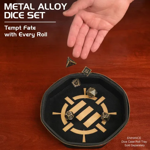 Vista 7 de ENHANCE DND - Juego de dados de metal, 7 dados poliédricos con estuche de almacenamiento y bolsa con cordón, juego de metal sólido para Calabozos