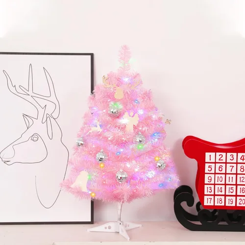 Vista 6 de Árbol de Navidad artificial de 2 pies con luces, árbol de Navidad de mesa rosa iluminado con soporte de plástico, funciona con pilas, mini árbol