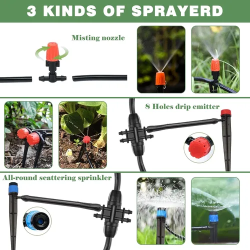 Vista 4 de Kit de riego por goteo de 200 pies + 40 pies, sistema de riego de jardín con tubo principal de 8/11 mm, tubo de riego de distribución de 4/7 mm