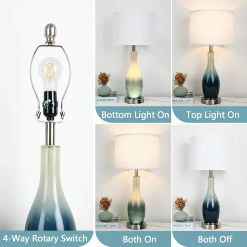 Vista 4 de BesLowe Juego de 2 lámparas de mesa de cristal de 26 pulgadas de alto con 2 puertos de carga USB y luz nocturna LED, lámparas de mesa costeras