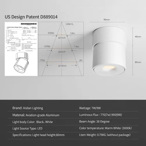 Vista 6 de Aisilan Luz LED de Techo Blanca para Interiores 9W Luminaria Montada en Superficie con Foco Giratorio de 360°, Regulable Blanco Cálido 3000K CRI 97+