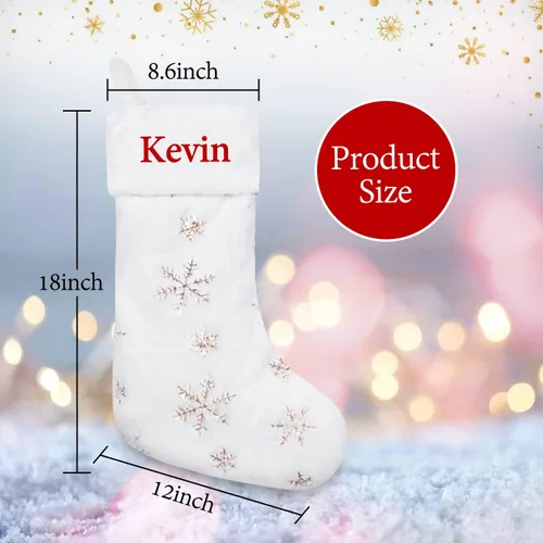 Vista 5 de 1 pieza de medias de Navidad personalizadas, medias de Navidad colgantes de felpa de piel sintética blanca con nombres, medias de Navidad grandes