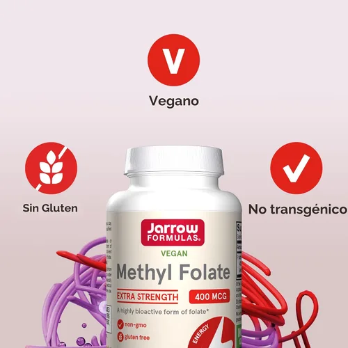 Vista 5 de Jarrow Formulas Folato de metilo extra fuerte 400 mcg, suplemento dietético para apoyo de salud cardiovascular y neurológica, 60 cápsulas vegetales