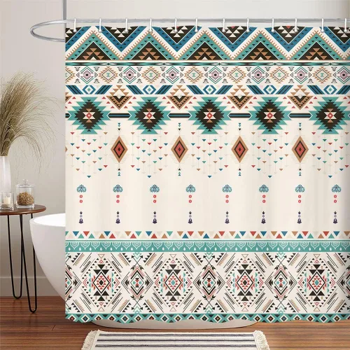 Vista 2 de Cortina de ducha estilo bohemio occidental para baño, patrón azteca del suroeste nativo americano, tribal navajo, bohemio, juego de cortinas