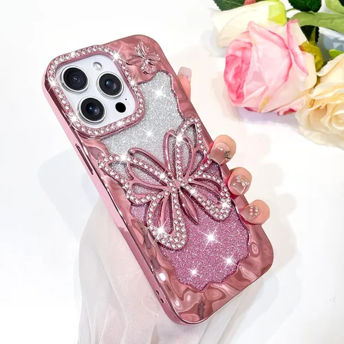 Vista 6 de Bonoma Funda con purpurina para iPhone 13 Pro Max, bonita funda 3D con patrón de chapado en degradado de mariposa de diamante, protección de cámara