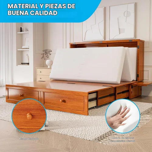 Vista 4 de Mjkone Murphy - Cama Queen con colchón incluido, cama Murphy con estación de carga USB y cajón de almacenamiento, armario móvil Murphy para sala