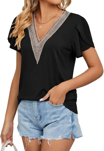 Vista 4 de WELINCO Camisetas básicas de verano para mujer, cuello en V, manga de pétalo, estilo casual