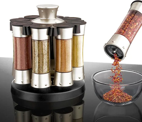 Vista 4 de KitchenArt Estante para especias, carrusel de especias de plástico de medición automática Elite, 8 tarros de especias, plateado