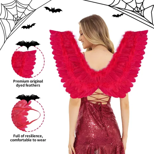 Vista 4 de MOVINPE Red Devil - Juego de accesorios para disfraz de Halloween, alas de plumas infernales, cuernos de diablo, diadema de tridente, gemas