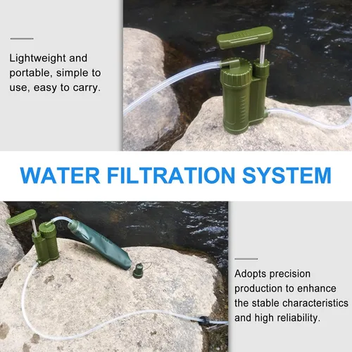 Vista 3 de Bomba de filtro de agua portátil para camping, senderismo, supervivencia, verde, militar, ligero, purificador de agua personal para uso