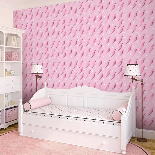 Vista 4 de Kosiz Preppy - Papel tapiz de despegar y pegar, papel tapiz extraíble rosa intenso, papel de dormitorio con relámpagos de color rosa, fondo