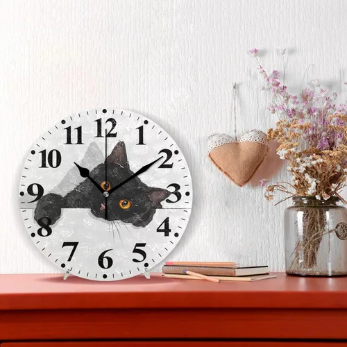 Vista 2 de susiyo Reloj de pared redondo a pilas para sala de estar, cocina, escritorio, granja, 9.8 pulgadas (gato negro)