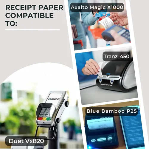 Vista 2 de BAM POS Papel térmico de 1 capa, 2-1/4 x 50 pies, compatible con Ingenico ICT 200/220/250, Verifone VX 520, Hypercom, Nurit Machines, sin BPA