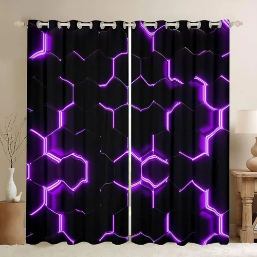 Vista 30 de Feelyou - Cortinas de ventana en forma de panal, tema geométrico hexagonal con luces de neón verdes, para chicos adolescentes y hombres, elegante