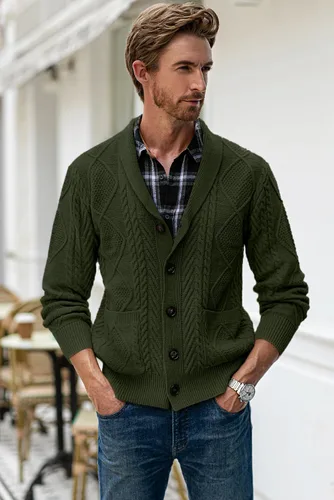 Vista 3 de JMIERR Suéter casual de manga larga con cuello de chal y botones para hombre con bolsillos