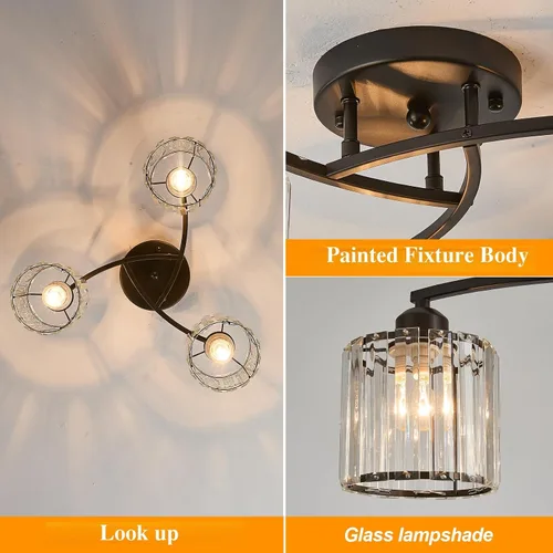 Vista 4 de Candelabro de cristal negro, lámpara de techo de 3 luces, accesorio de iluminación moderno para sala de estar, comedor, dormitorio
