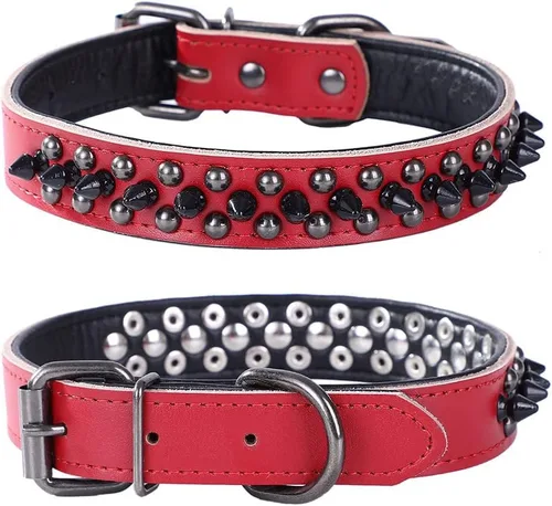 Vista 14 de Collar de perro con tachuelas, collar de perro de cuero genuino, collares ajustables para mascotas pequeñas o medianas (S, negro-1)