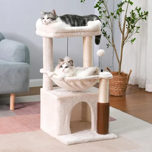 Vista 7 de Árbol para gatos pequeños de 32 pulgadas para gatos grandes, torre para gatos adultos con poste rascador, hamaca grande de 15.7 pulgadas y auto Beige