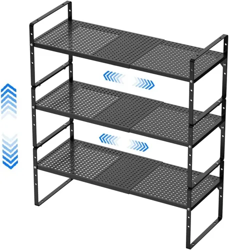 Vista 7 de Organizadores de estantes de gabinete de cocina expandibles, estantes de almacenamiento apilables de metal para despensa, estante de especias