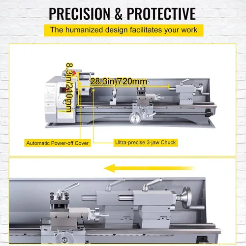 Vista 5 de VEVOR Torno de metal, Mini máquina de torno de 210x720, Cambio de velocidad variable de 2500 RPM, Mini torno de precisión de 750W, Torno de trabajo