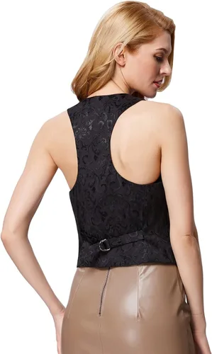 Vista 2 de GRACE KARIN Chaleco para mujer, estilo vintage, steampunk, con espalda cruzada, chaqueta jacquard
