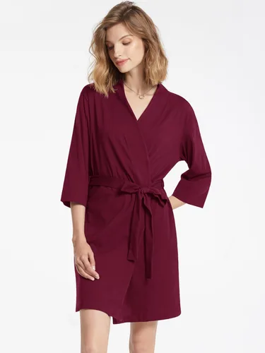 Vista 3 de SIORO Womens 100% Cotton Robe, Knee-Length Bathrobe with V-Neck & 34 Sleeves, Plus Size Loungewear for Sleep, Spa & Shower