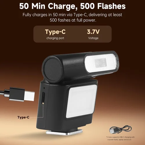Vista 6 de Mini cámara flash Speedlite con luz de video, GN8 6500K flash externo ajustable, soporte universal de zapata caliente de un solo contacto
