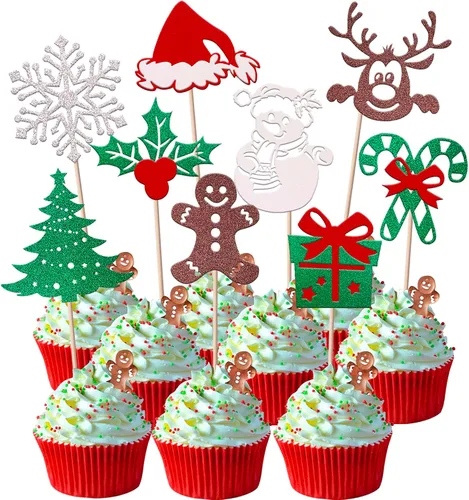 Vista 12 de Rsstarxi Paquete de 24 Adornos para Cupcakes Oh Baby de Navidad con Purpurina, Sombreros de Navidad, Palillos para Cupcakes de Baby Shower para Baby